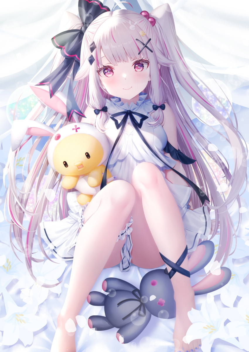 1girl, ahoge, barefoot, black_bow, bow, dress, hair_bow, hair_ornament
