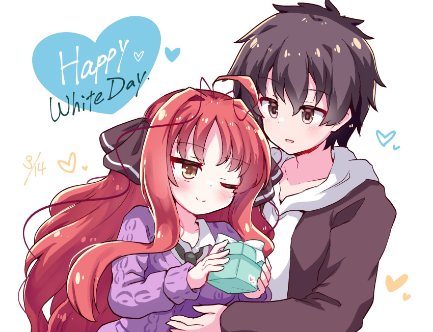 1boy, 1girl, ahoge, black_hair, black_necktie, black_ribbon, blush, box, brown_eyes, brown_jacket, closed_mouth, couple, dated, dracu-riot!, gift, gift_box, hair_between_eyes, hair_ribbon, hakutocake, hands_up, happy_white_day, heart, hetero, highres, holding, holding_gift, hood, hood_down, hooded_jacket, hug, jacket, long_hair, looking_at_another, mutsura_yuuto, necktie, one_eye_closed, open_mouth, parted_bangs, purple_sweater, redhead, ribbon, short_hair, sidelocks, simple_background, smile, spiky_hair, sweater, upper_body, very_long_hair, wavy_hair, white_background, yarai_miu, yellow_eyes