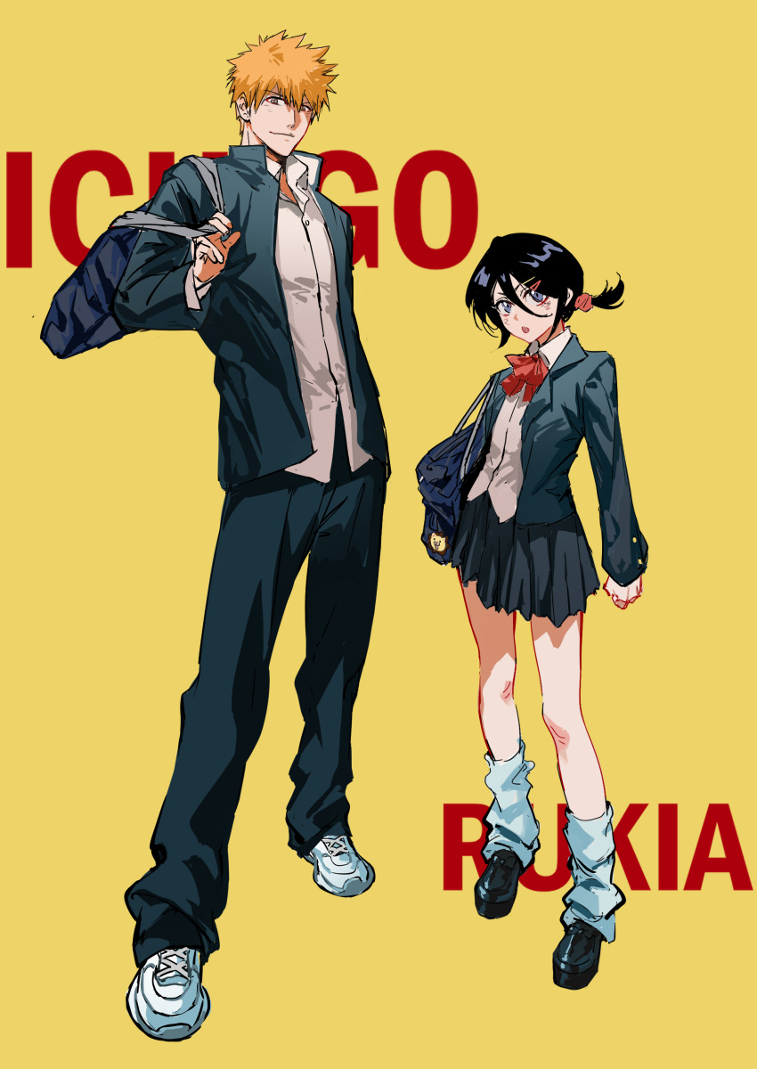 1boy, 1girl, absurdres, alternate_costume, alternate_hairstyle, ascot, bag, black_hair