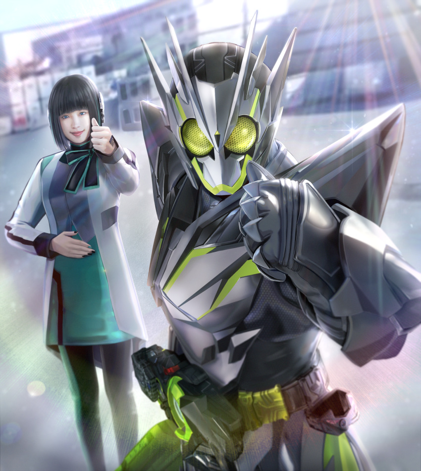 1boy, 1girl, android, black_bow, black_hair, bob_cut, bow, chibi