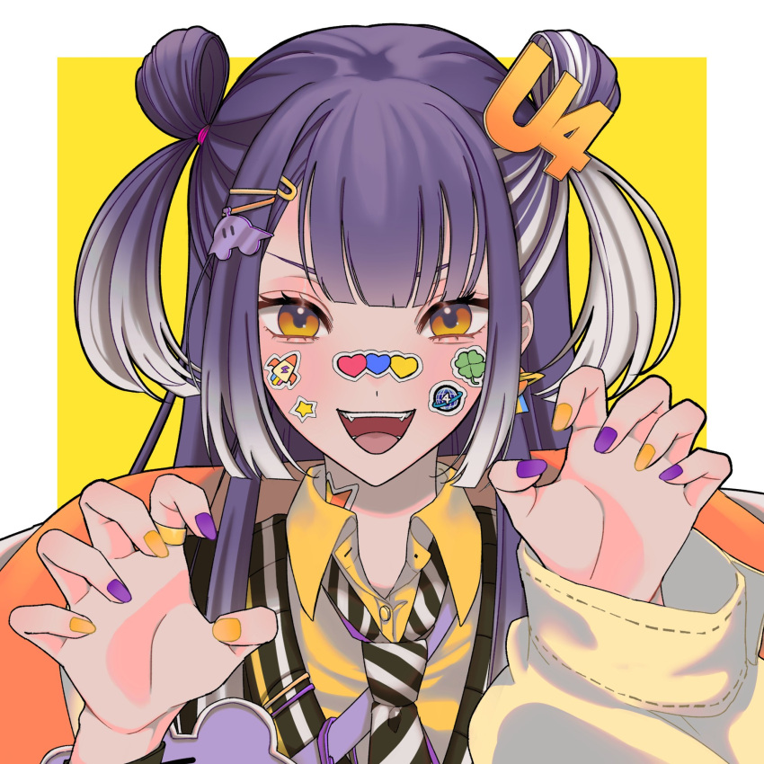 1girl, alo8chan, black_hair, black_vest, commentary, double_bun, gradient_hair, grey_hair