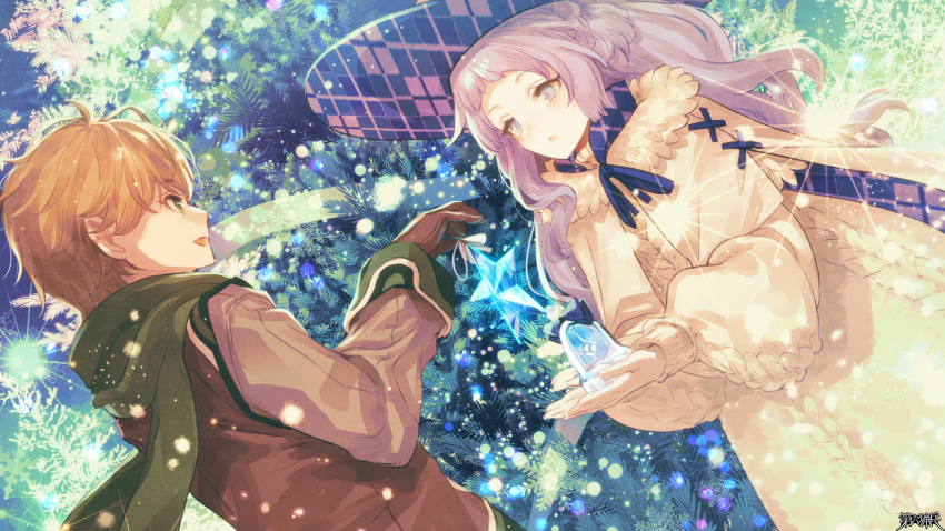 1boy, 1girl, bell, braid, brown_coat, brown_gloves, brown_hair, christmas_tree