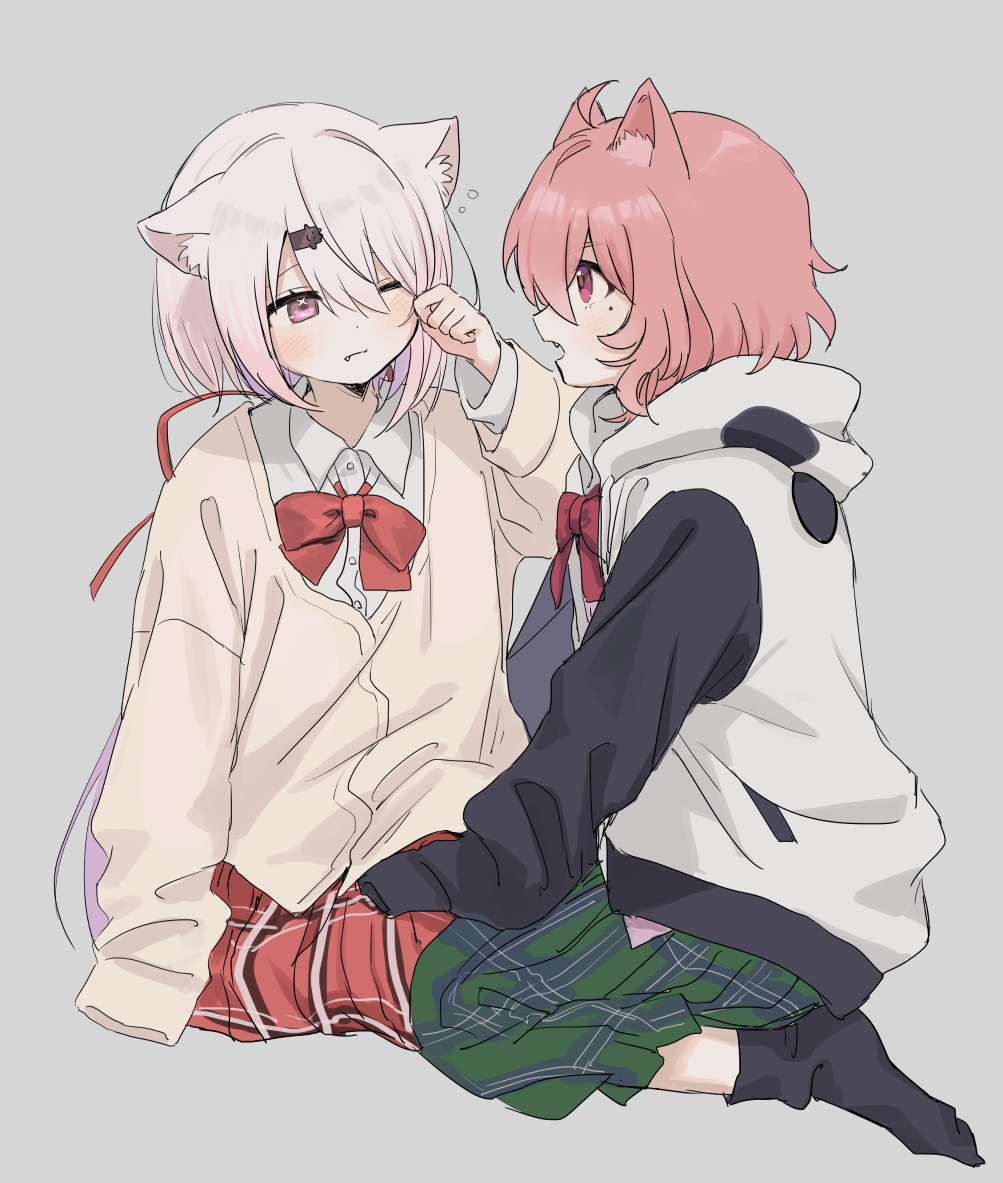 2girls, animal_ears, animal_hood, black_socks, blush, bow, bowtie, cardigan