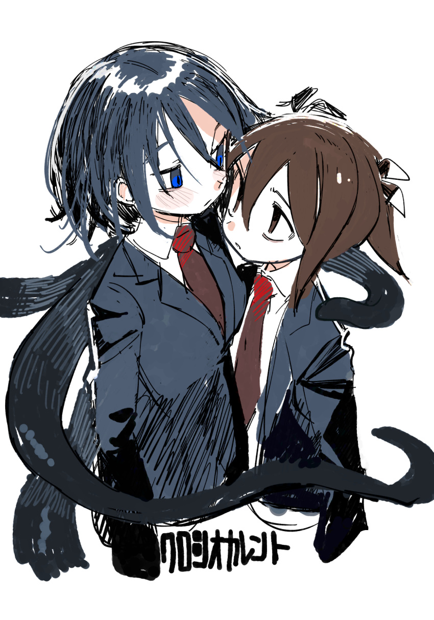 2girls, antenna_hair, black_hair, black_jacket, blazer, blue_eyes, blush, brown_eyes