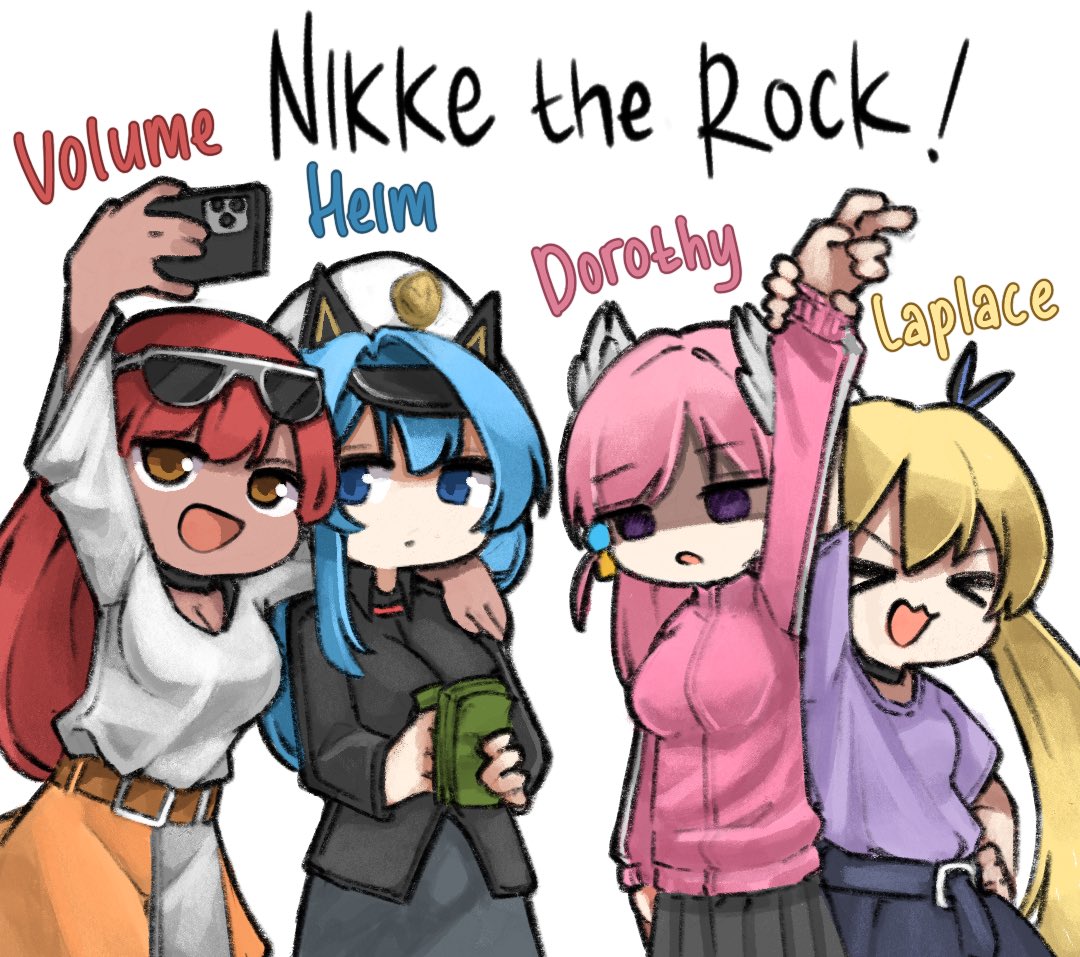 >_<, 4girls, :d, arm_up, belt, black_shirt, blonde_hair, blue_hair