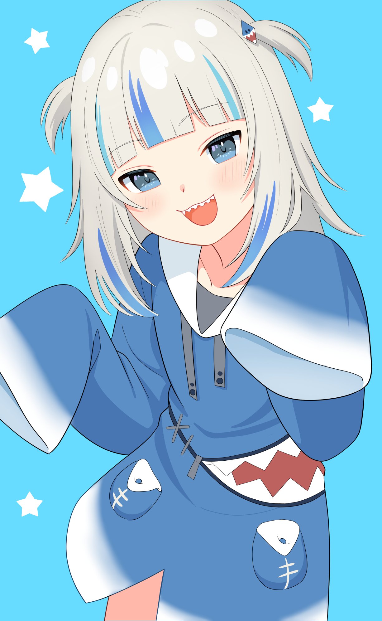 1girl, animal_costume, blue_background, blue_eyes, blue_hair, blue_hoodie, blunt_bangs, commentary_request