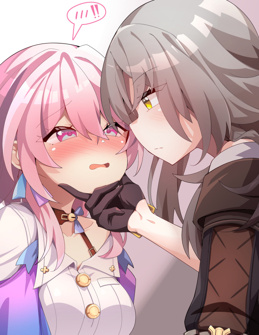 2girls, black_gloves, black_jacket, blush, closed_mouth, collarbone, eye_contact, gloves