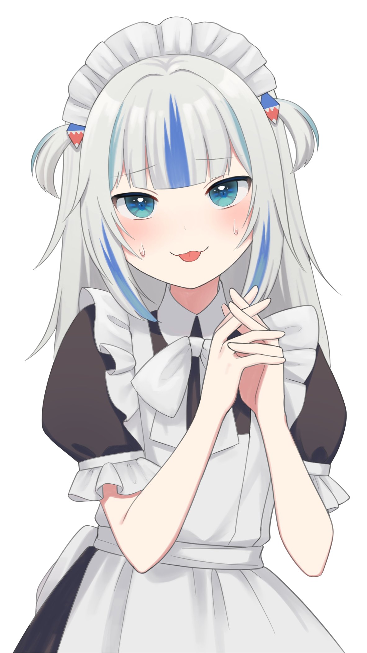 1girl, :p, alternate_costume, apron, black_dress, blue_eyes, blue_hair, blunt_bangs