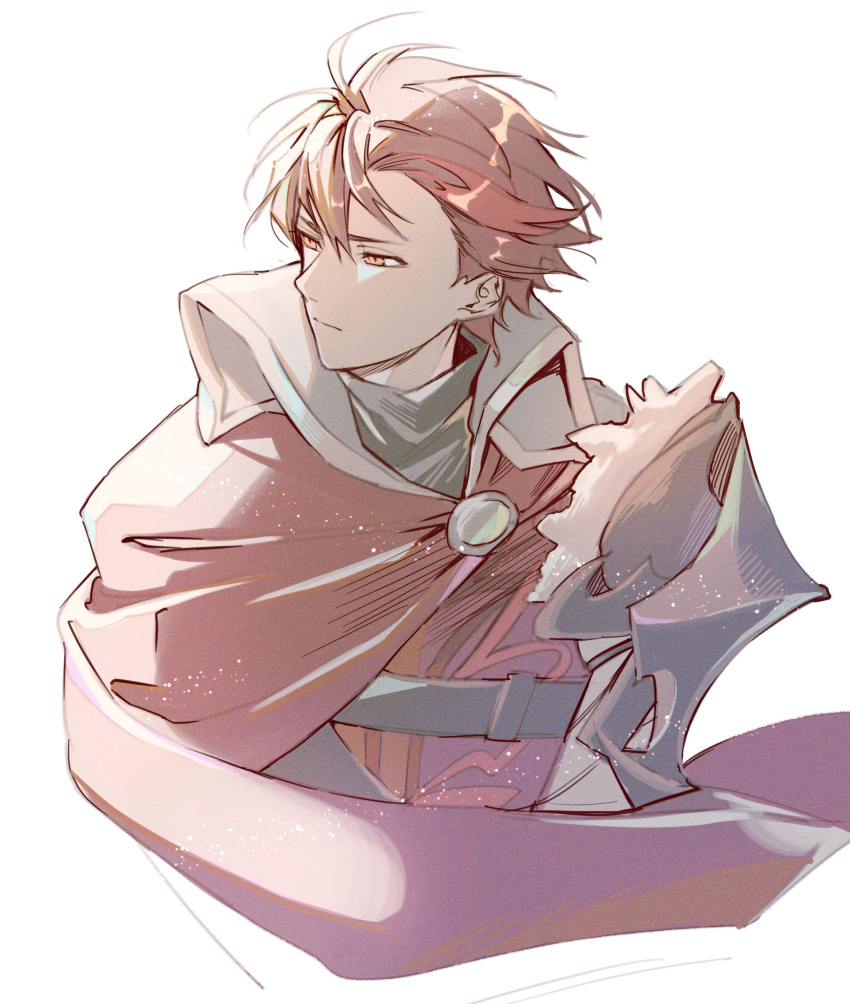 1boy, absurdres, armor, cape, closed_mouth, diamant_(fire_emblem), fire_emblem, fire_emblem_engage, high_collar, highres, illust_mi, looking_to_the_side, red_cape, red_eyes, redhead, short_hair, shoulder_armor, solo, white_background