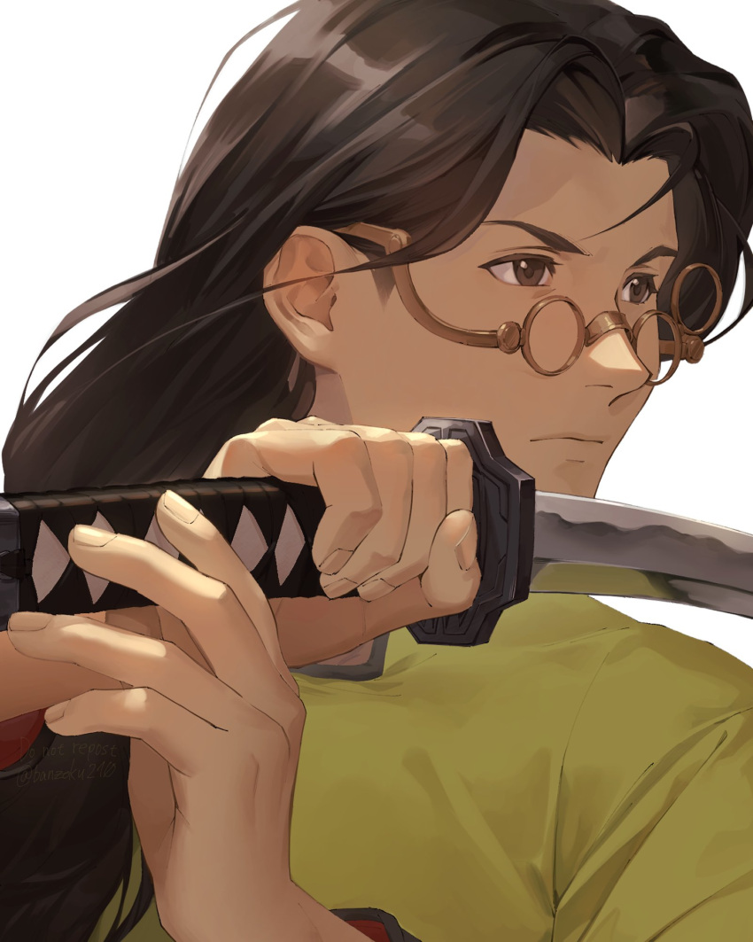 1boy, a_(user_vtsy8742), black_eyes, black_hair, citan_uzuki, close-up, fighting_stance, glasses, green_robe, highres, holding, holding_sword, holding_weapon, katana, long_hair, male_focus, robe, serious, simple_background, solo, sword, sword_guard_stance, weapon, white_background, xenogears