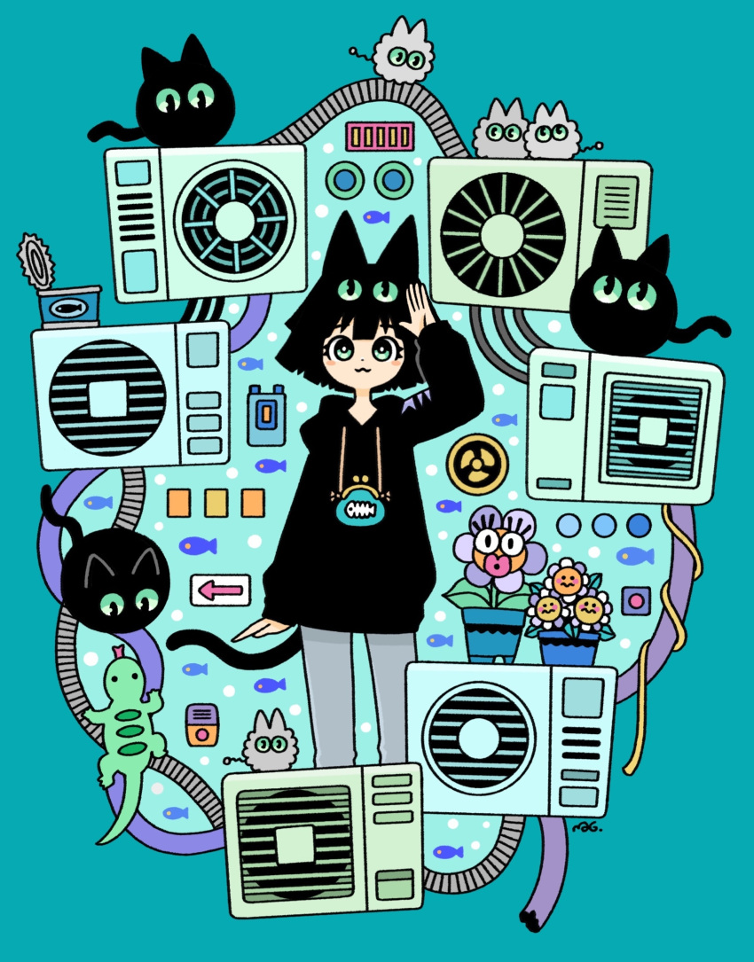 1girl, :3, air_conditioner, animal_ears, aqua_background, arm_up, arrow_(symbol), black_cat