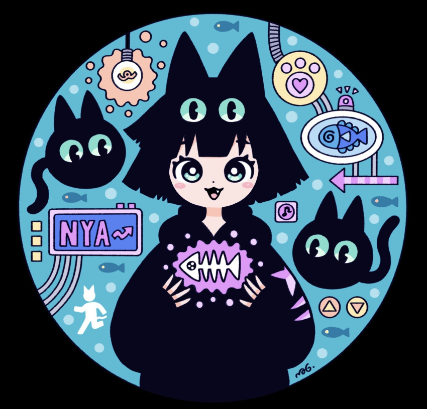 1girl, :3, animal_ears, aqua_background, arrow_(symbol), black_cat, black_hair, black_hoodie