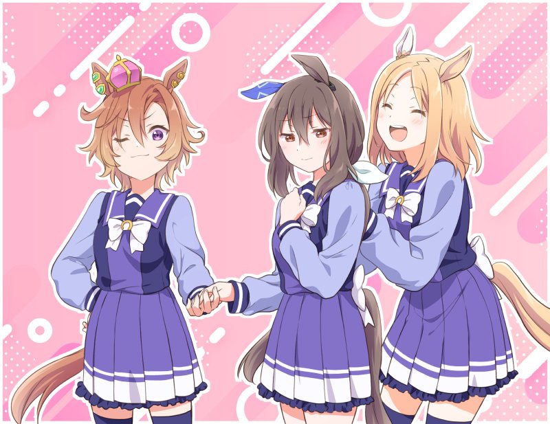 3girls, admire_vega_(umamusume), animal_ears, blonde_hair, blush, bow, bowtie, brown_eyes, brown_hair, closed_eyes, closed_mouth, crown, ear_piercing, hiro_(fluffy_palette), holding_hands, horse_ears, horse_girl, horse_tail, long_hair, long_sleeves, looking_at_viewer, low_ponytail, mini_crown, multiple_girls, narita_top_road_(umamusume), one_eye_closed, open_mouth, orange_hair, piercing, pleated_skirt, purple_shirt, purple_skirt, purple_thighhighs, sailor_collar, school_uniform, shirt, short_hair, skirt, smile, t.m._opera_o_(umamusume), tail, thigh-highs, tracen_school_uniform, umamusume, violet_eyes