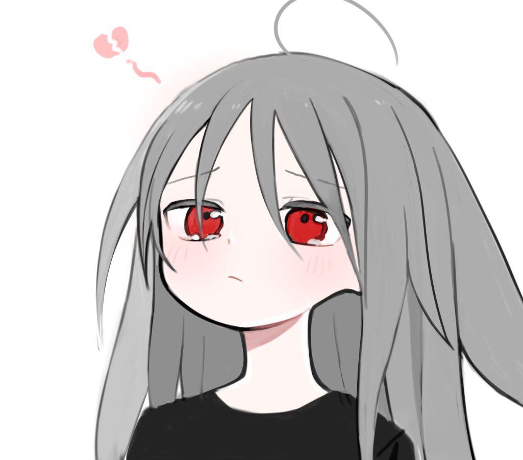 1girl, abysmal, animal_ears, black_shirt, blush, broken_heart, character_request, closed_mouth, ears_down, furrowed_brow, grey_hair, kokaki_mumose, long_hair, looking_at_viewer, portrait, raised_eyebrows, red_eyes, sad, shirt, simple_background, solo, tearing_up, upturned_eyes, white_background