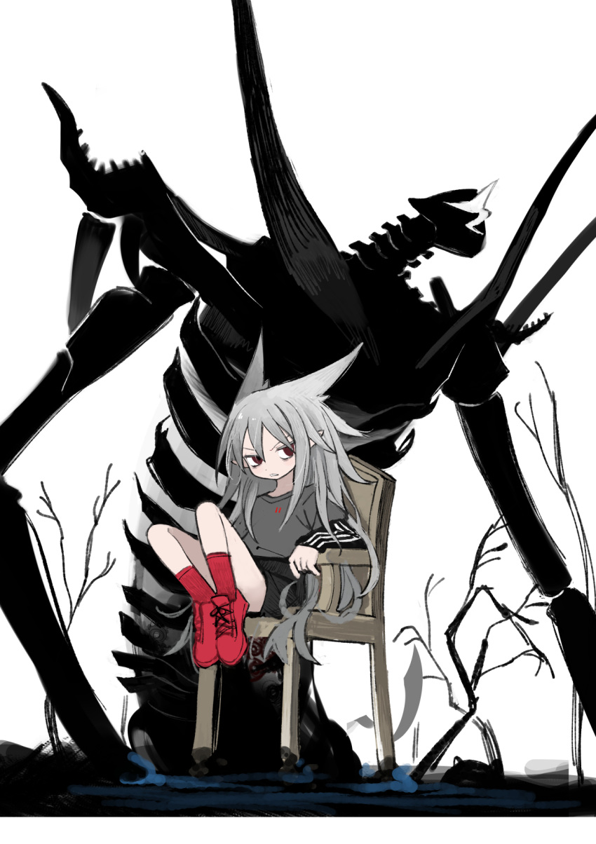 1girl, abysmal, animal_ears, bare_tree, black_shirt, black_skirt, character_request, commentary_request