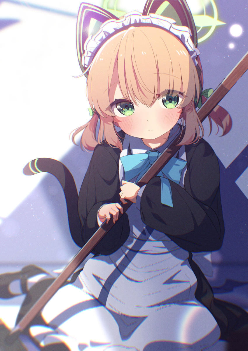 1girl, absurdres, animal_ear_headphones, animal_ears, apron, black_dress, black_footwear, blonde_hair