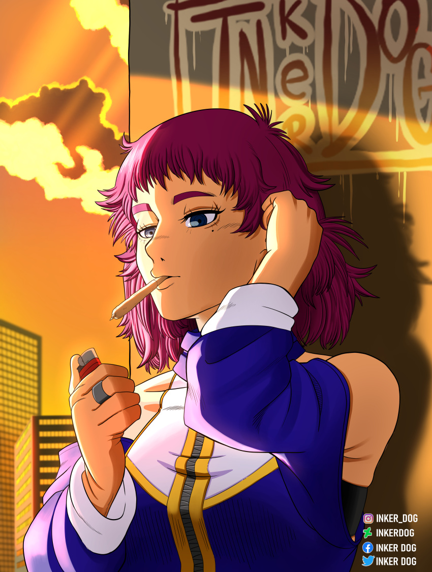 1girl, absurdres, artist_logo, artist_name, building, clip_studio_paint_(medium), clouds, graffiti, hand_in_own_hair, highres, hood, hoodie, inker_dog, jewelry, joint_(drug), lighter, original, ring, sunset