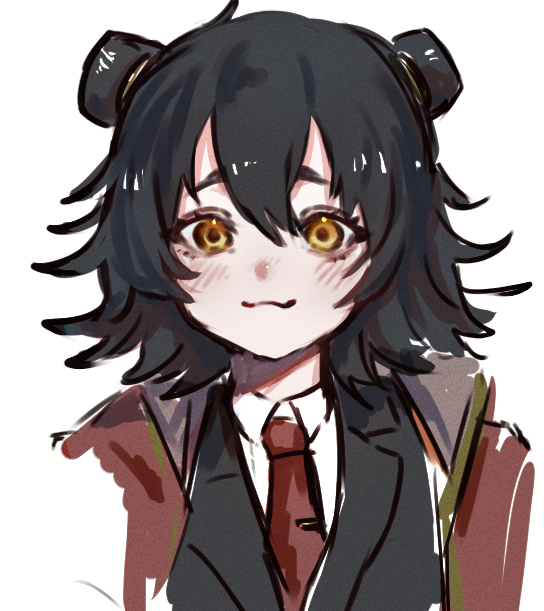 1girl, :3, black_hair, black_jacket, closed_mouth, collared_shirt, commentary_request, double_bun, film_grain, hair_between_eyes, hair_bun, jacket, library_of_ruina, looking_at_viewer, mei_(library_of_ruina), moth_ram, necktie, open_clothes, open_jacket, project_moon, red_jacket, red_necktie, shirt, sketch, solo, tie_clip, white_background, white_shirt, yellow_eyes