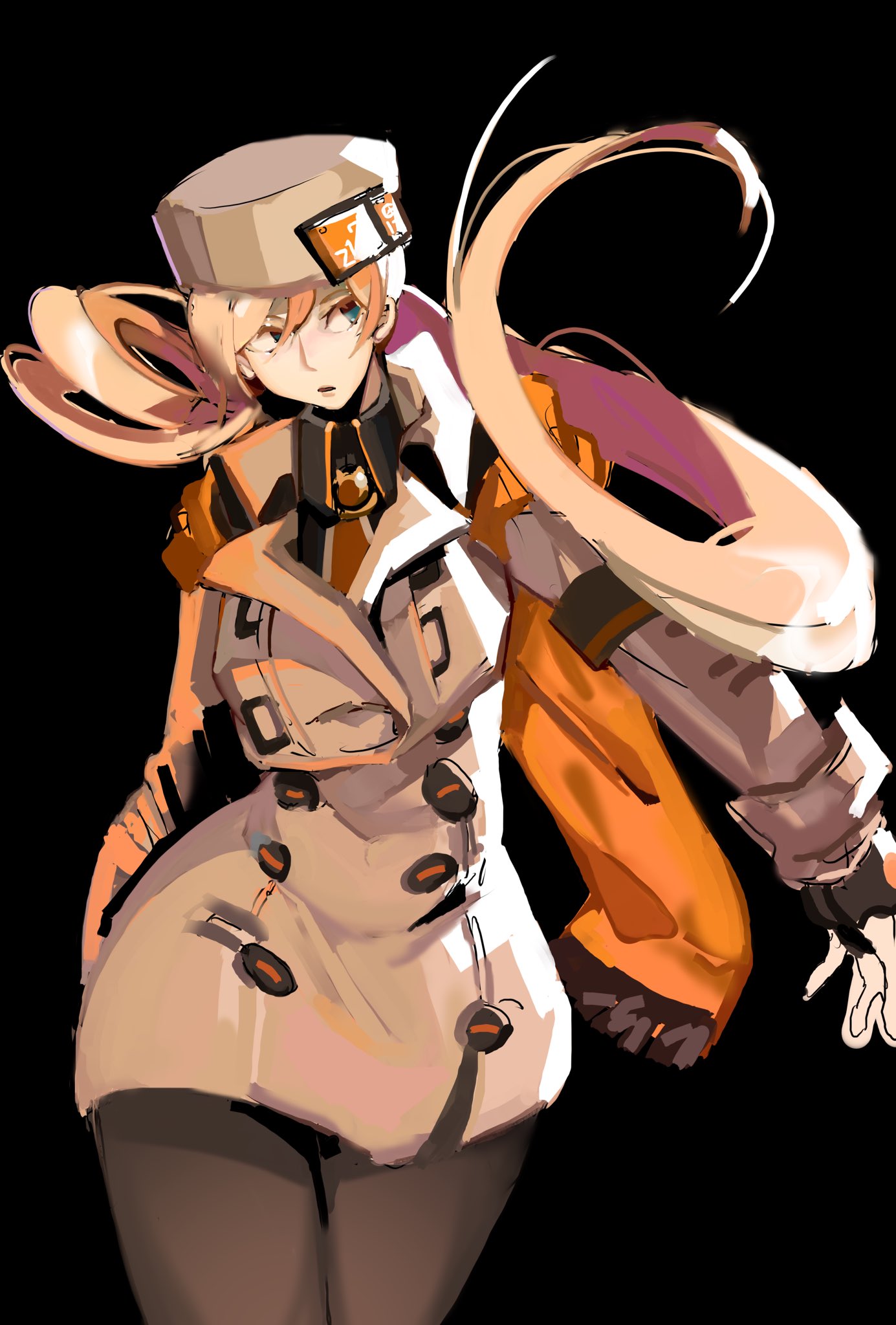 1girl, absurdly_long_hair, blonde_hair, blue_eyes, brown_coat, buttons, coat, fur_hat, guilty_gear, guilty_gear_strive, hat, highres, long_hair, long_sleeves, millia_rage, pantyhose, s0gaharahen, ushanka, very_long_hair, yellow_headwear