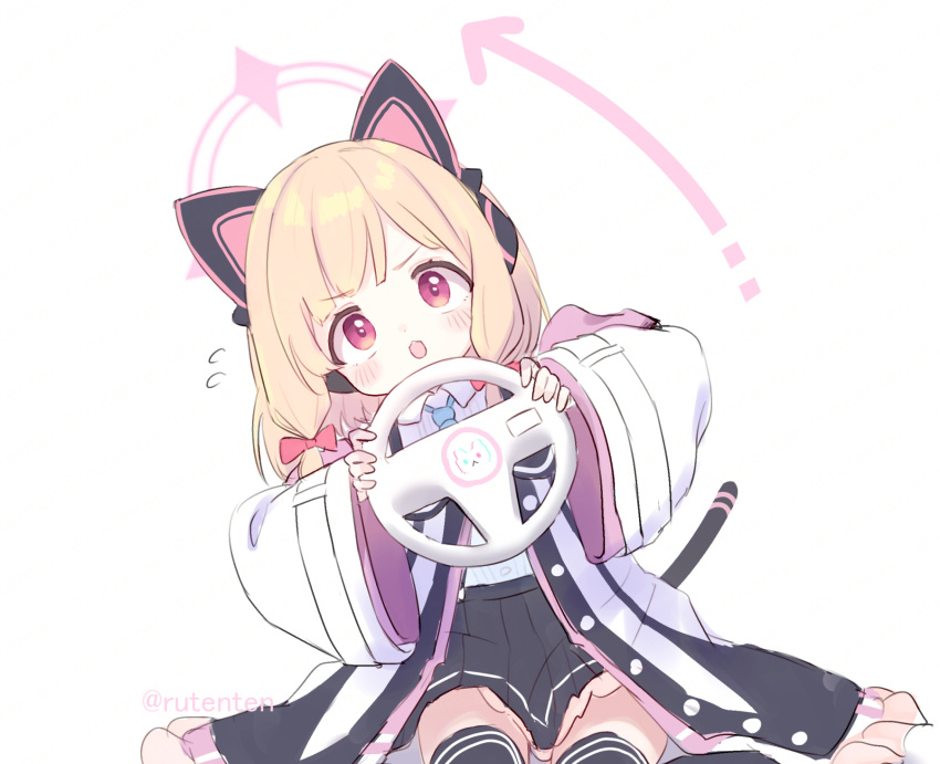 1girl, :3, :o, animal_ear_headphones, animal_ears, arrow_(symbol), artist_name, black_skirt