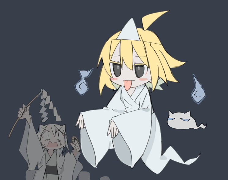 2girls, ahoge, alternate_costume, arm_up, beads, black_eyes, blonde_hair, blush_stickers