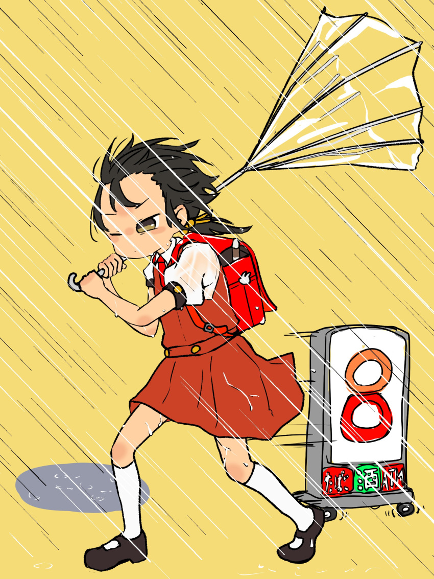1girl, 7-eleven, absurdres, backpack, bag, bag_charm, black_footwear, black_hair