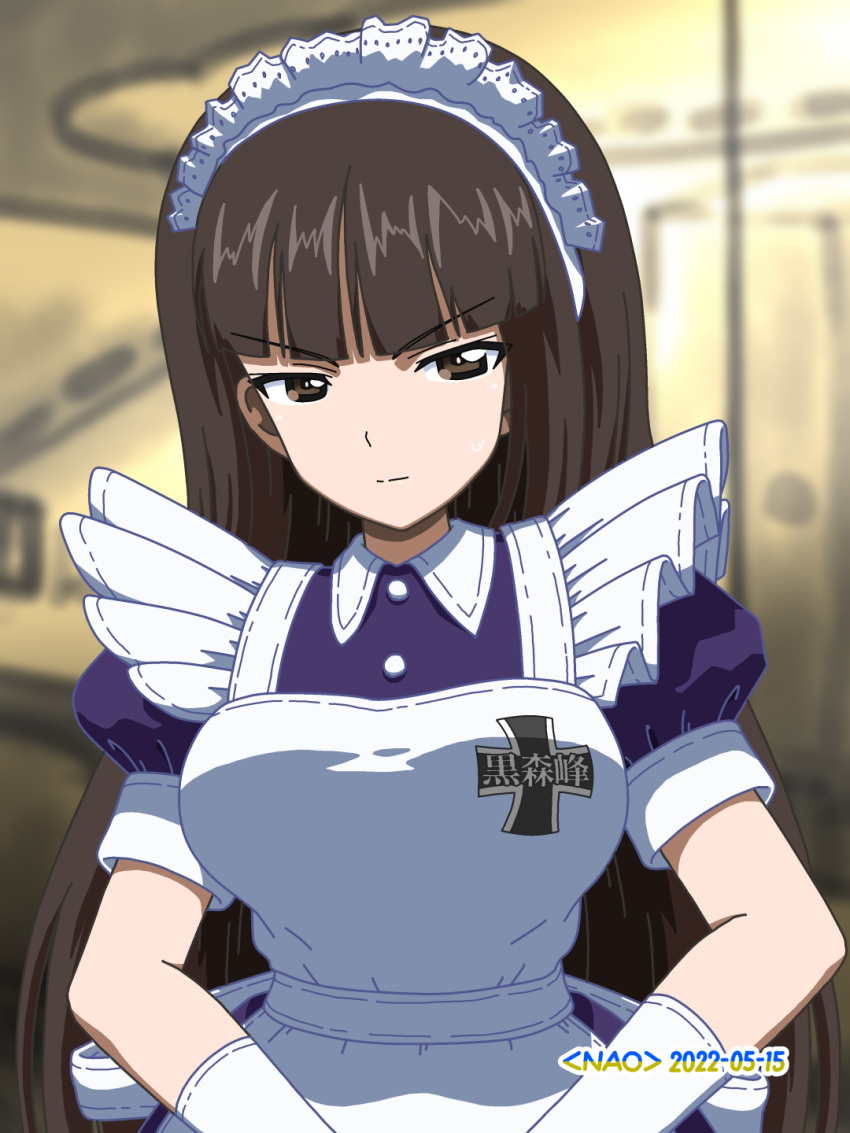 1girl, alternate_costume, apron, artist_name, back_bow, black_eyes, black_hair, blue_dress, blurry, blurry_background, bow, closed_mouth, commentary, dated, dress, emblem, enmaided, frown, girls_und_panzer, glaring, gloves, half-closed_eyes, highres, indoors, kuromorimine_(emblem), long_hair, maid, maid_apron, maid_headdress, mark_iv_tank, military, military_vehicle, motor_vehicle, naotosi, nishizumi_shiho, original, puffy_short_sleeves, puffy_sleeves, short_sleeves, solo, straight_hair, tank, upper_body, white_apron, white_bow, white_gloves