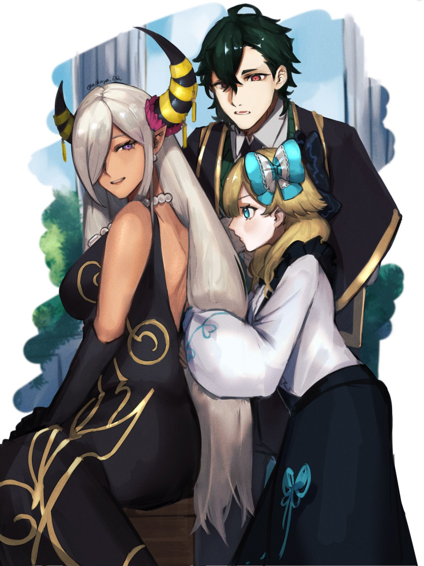 1boy, 2girls, backless_dress, backless_outfit, black_dress, black_gloves, blonde_hair, blue_eyes
