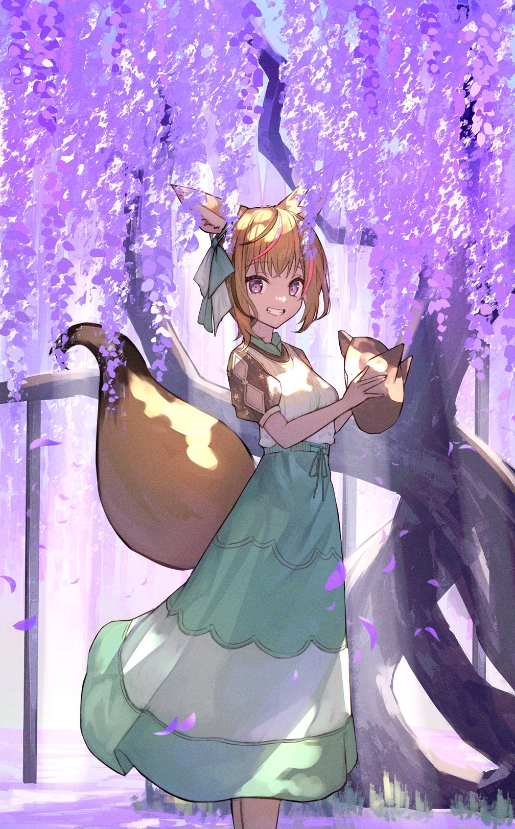 1girl, animal_ear_fluff, animal_ears, black_hair, blonde_hair, blouse, dappled_sunlight, day
