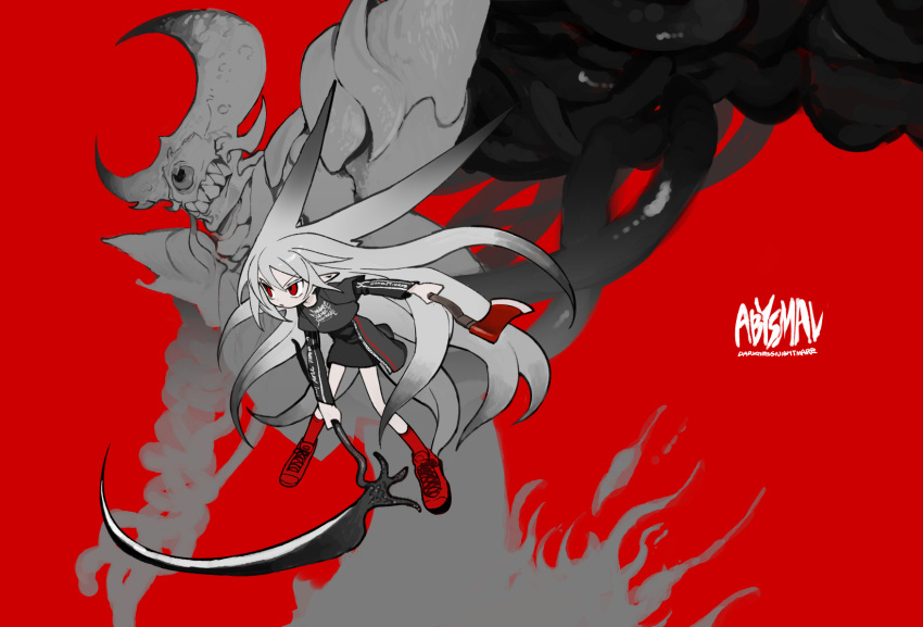 1girl, abysmal, animal_ears, axe, black_hair, black_skirt, character_name, commentary_request