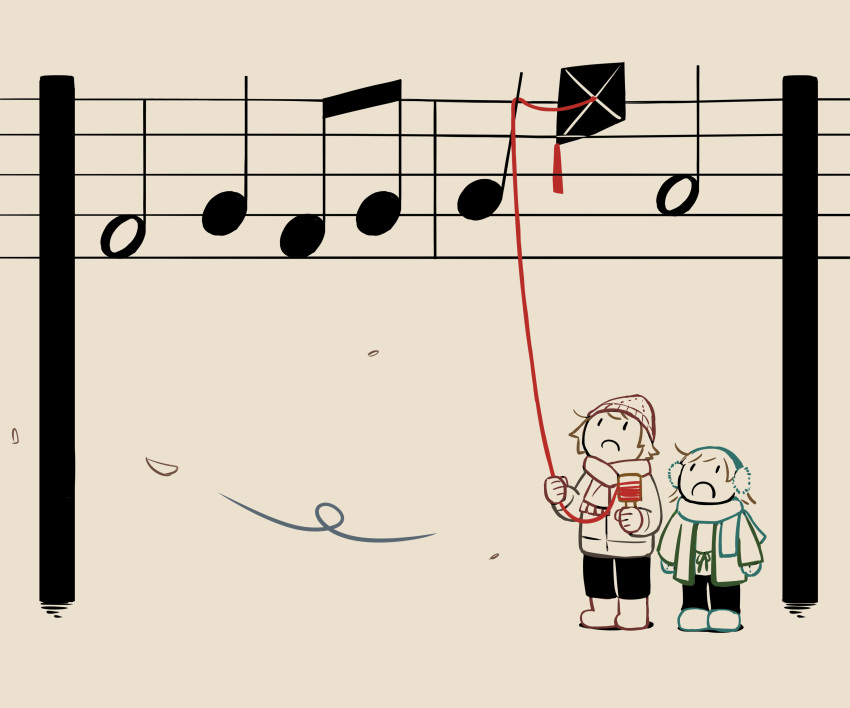2others, absurdres, avogado6, beamed_eighth_notes, beanie, black_pants, boots, brown_background