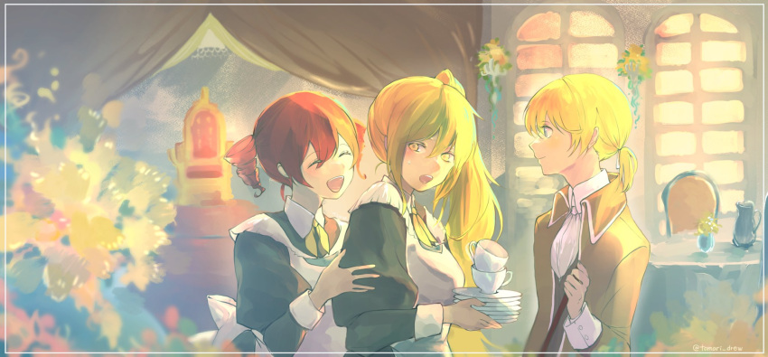 1boy, 2girls, ^_^, akita_neru, aku_no_meshitsukai_(vocaloid), allen_avadonia, anniversary, apron