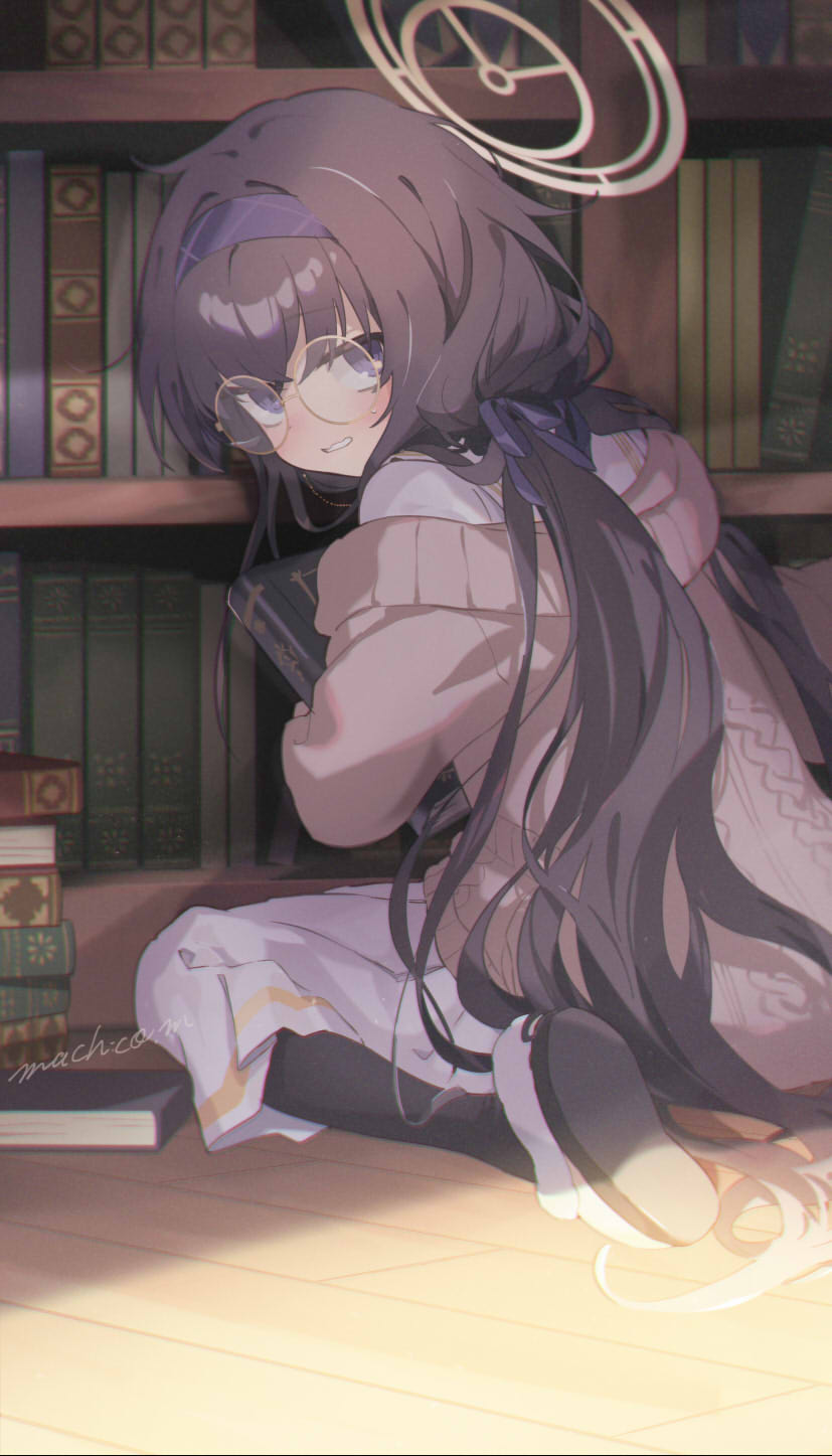 1girl, artist_name, bags_under_eyes, black_hair, black_pantyhose, blue_archive, blue_hairband, blue_ribbon
