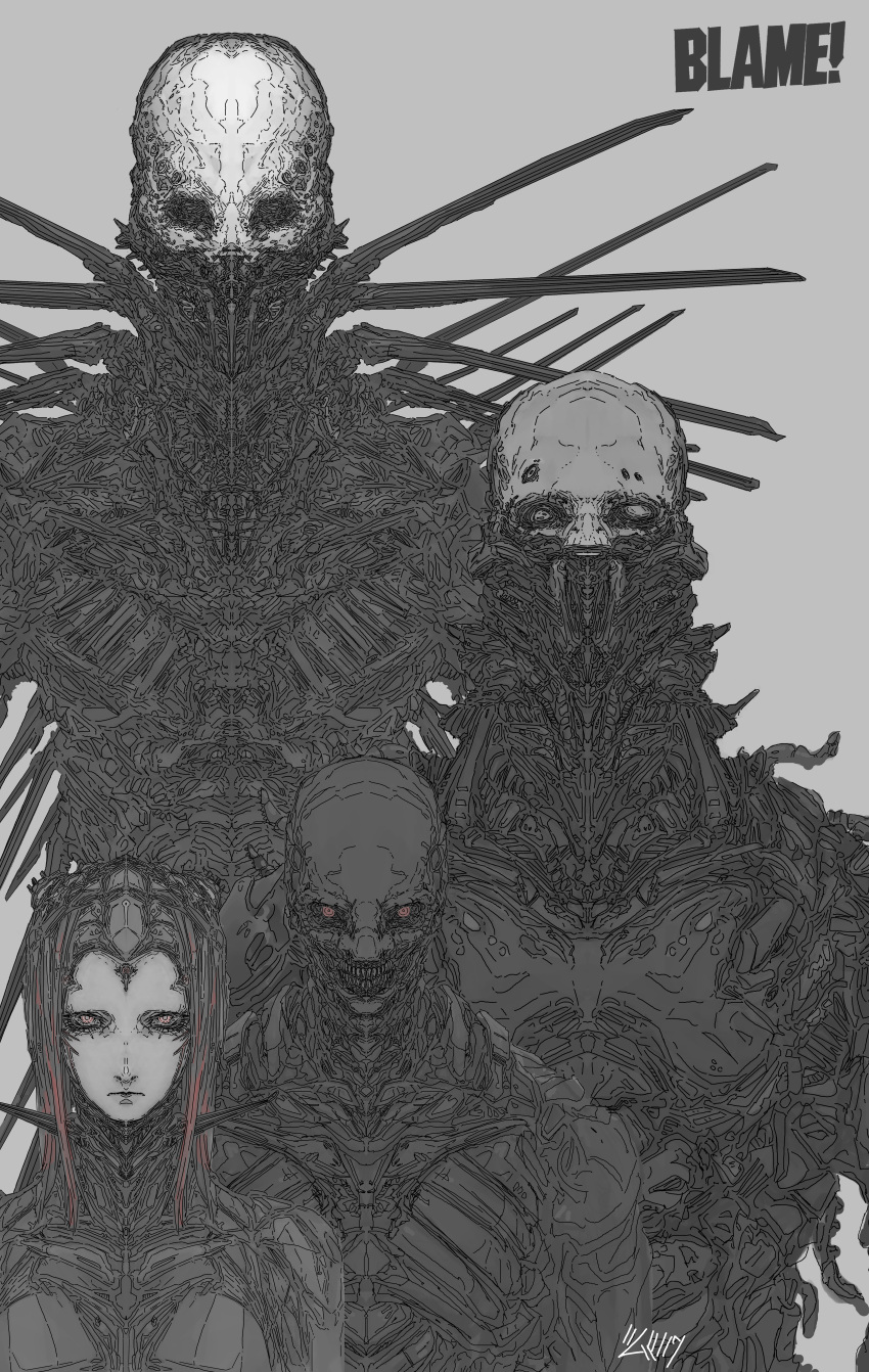 2boys, 2girls, absurdres, android, black_hair, blame!, blon, closed_mouth