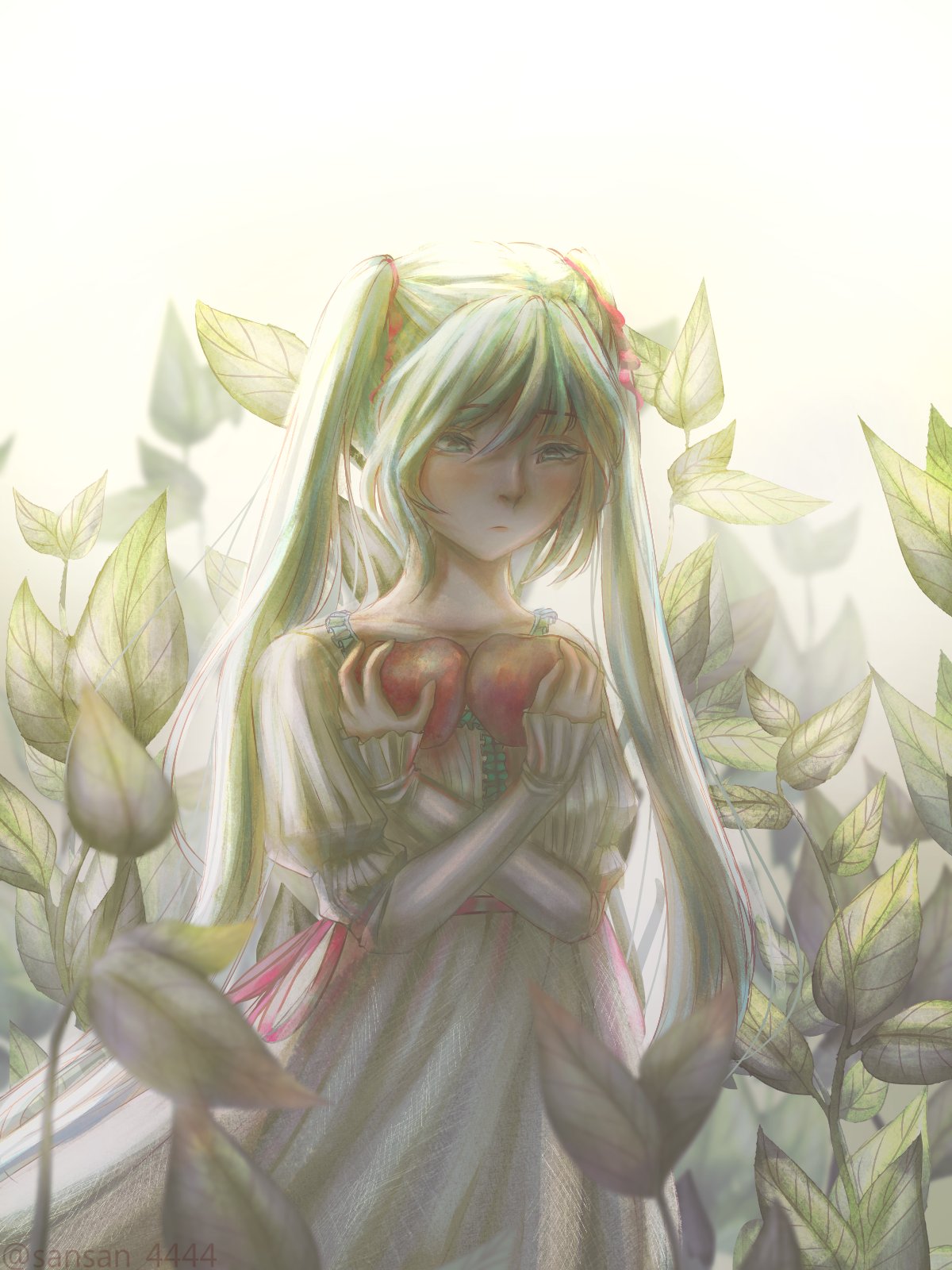 1girl, apple, aqua_eyes, aqua_hair, backlighting, blurry, collarbone, depth_of_field