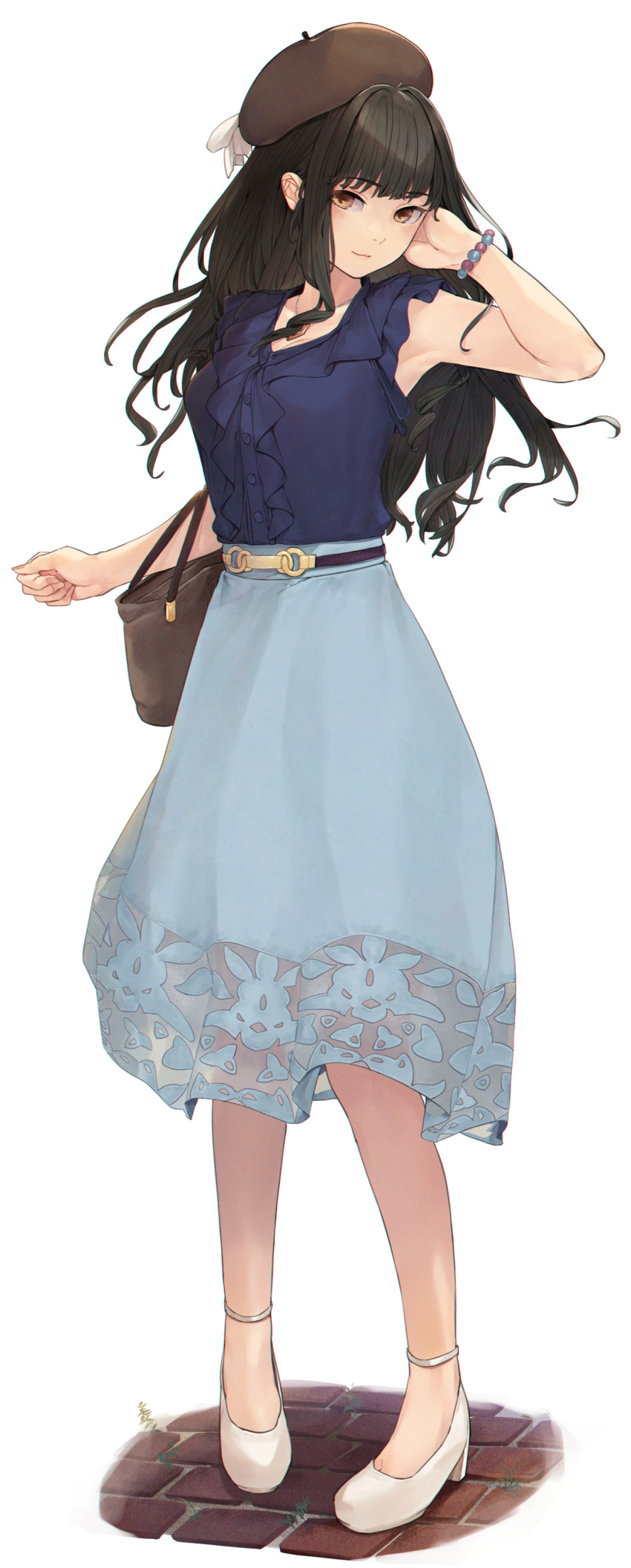 1girl, absurdres, aqua_skirt, armpits, bag, bead_bracelet, beads, beret, black_hair, bracelet, breasts, brown_eyes, brown_headwear, closed_mouth, fujii_tomo, full_body, fuwafuwatoufu, hat, high_heels, highres, idolmaster, idolmaster_cinderella_girls, idolmaster_cinderella_girls_starlight_stage, jewelry, long_hair, looking_at_viewer, necklace, shoes, simple_background, skirt, solo, standing, white_background, white_footwear