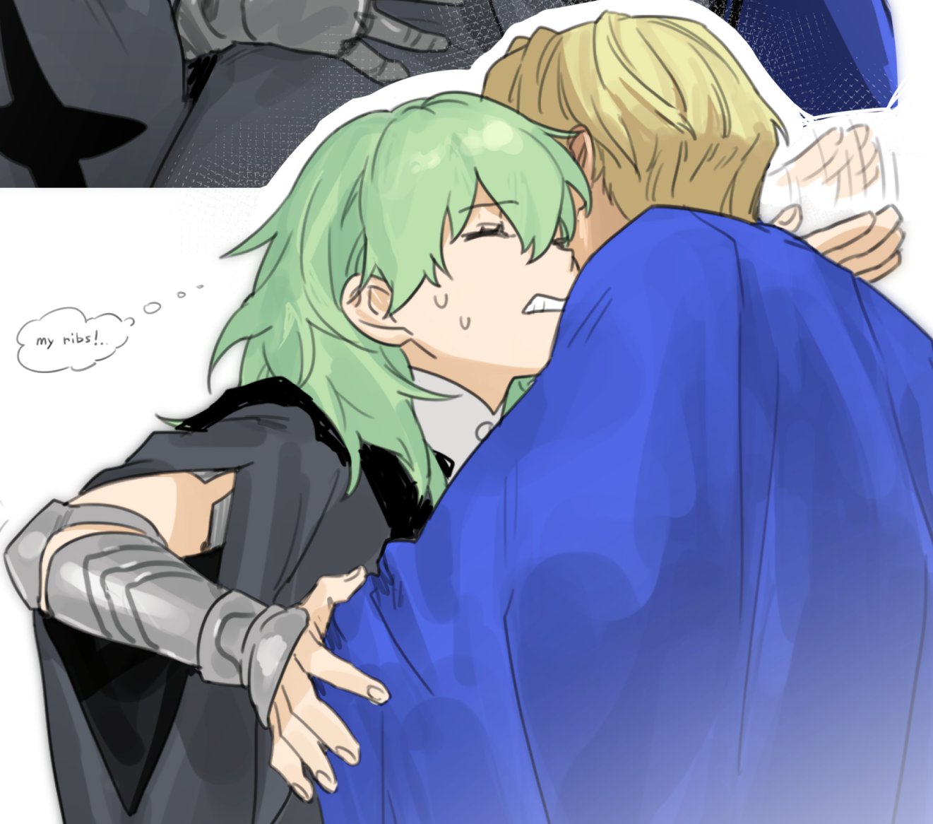 1boy, 1girl, blonde_hair, byleth_(female)_(fire_emblem), byleth_(fire_emblem), cape, clenched_teeth, closed_eyes