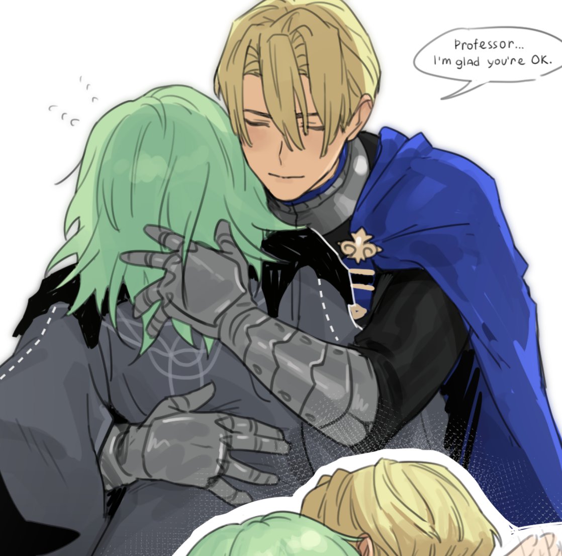 1boy, 1girl, blonde_hair, byleth_(female)_(fire_emblem), byleth_(fire_emblem), cape, closed_eyes, dimitri_alexandre_blaiddyd