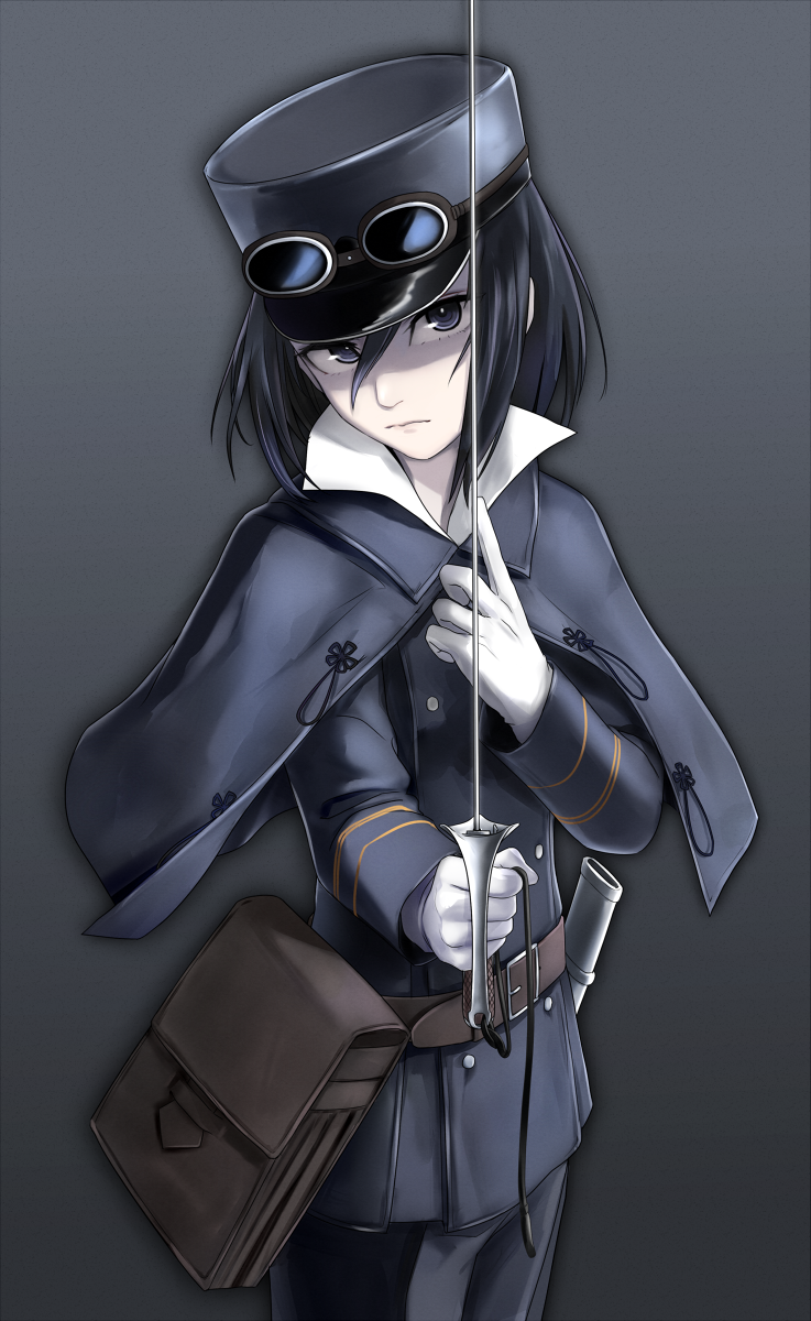 1girl, bag, belt, black_eyes, black_hair, boots, capelet, closed_mouth
