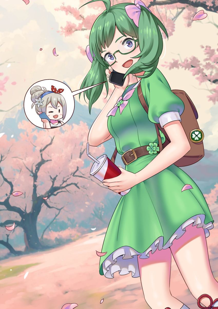 absurdres, alternate_costume, backpack, bag, belt, cherry_blossoms, drink, fire_emblem