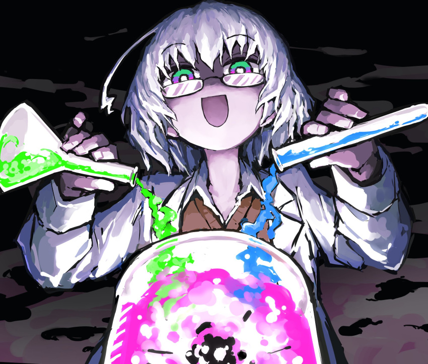 1girl, ahoge, coat, collared_shirt, flask, glasses, green_eyes, hair_between_eyes, highres, holding, kagaku_chop, lab_coat, long_sleeves, multicolored_eyes, open_clothes, open_coat, open_mouth, pink_eyes, pouring, shirt, short_hair, simple_background, solo, suzuzono_sai, test_tube, upper_body, violet_eyes, white_coat, white_hair, yachima_tana