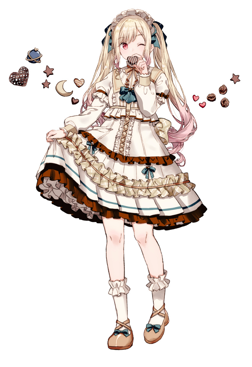 1girl, absurdres, blonde_hair, brown_footwear, candy, chocolate, colored_tips, dress, food, frilled_dress, frilled_socks, frills, full_body, headdress, heart, heart-shaped_chocolate, highres, lolita_fashion, long_hair, long_sleeves, looking_at_viewer, migolu, multicolored_hair, one_eye_closed, pink_hair, project_sekai, red_eyes, simple_background, skirt_hold, socks, solo, standing, tenma_saki, twintails, white_background