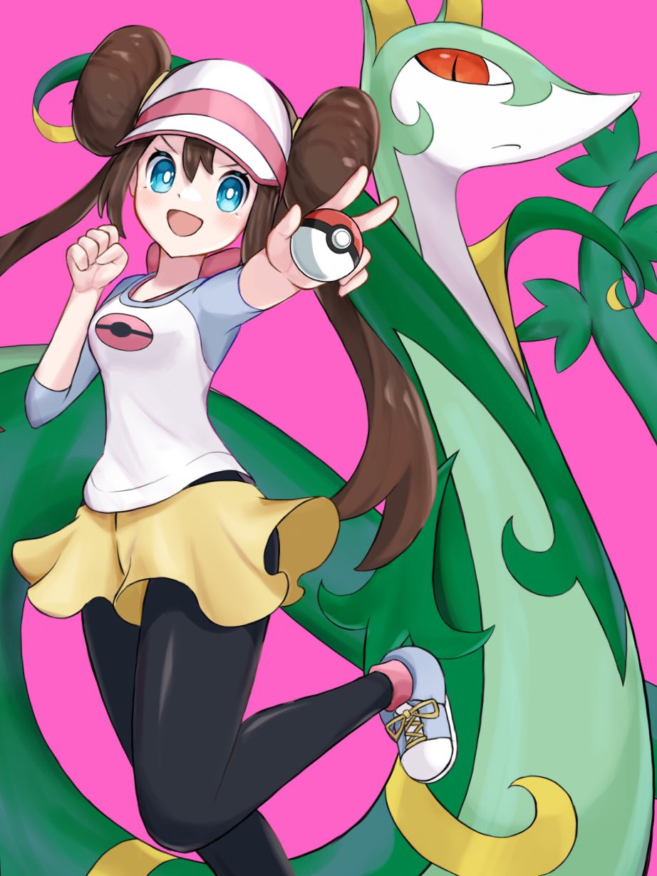 1girl, :d, aqua_eyes, black_pantyhose, bright_pupils, brown_hair, clenched_hand, commentary_request, double_bun, doughnut_hair_bun, hair_bun, highres, holding, holding_poke_ball, leg_up, looking_at_viewer, open_mouth, outstretched_arm, pantyhose, pantyhose_under_shorts, pink_background, poke_ball, poke_ball_(basic), pokemon, pokemon_(creature), pokemon_(game), pokemon_bw2, raglan_sleeves, rosa_(pokemon), serperior, short_shorts, shorts, simple_background, smile, twintails, ume_maru_(spi_art), visor_cap, white_pupils, yellow_shorts