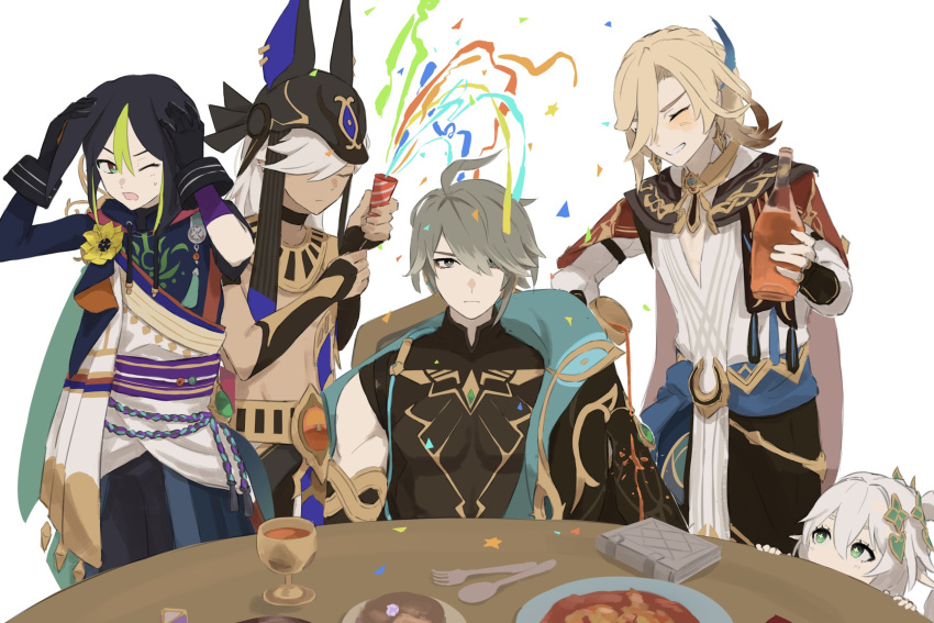 1girl, 4boys, alhaitham_(genshin_impact), animal_ears, birthday, black_choker, black_hair, blonde_hair