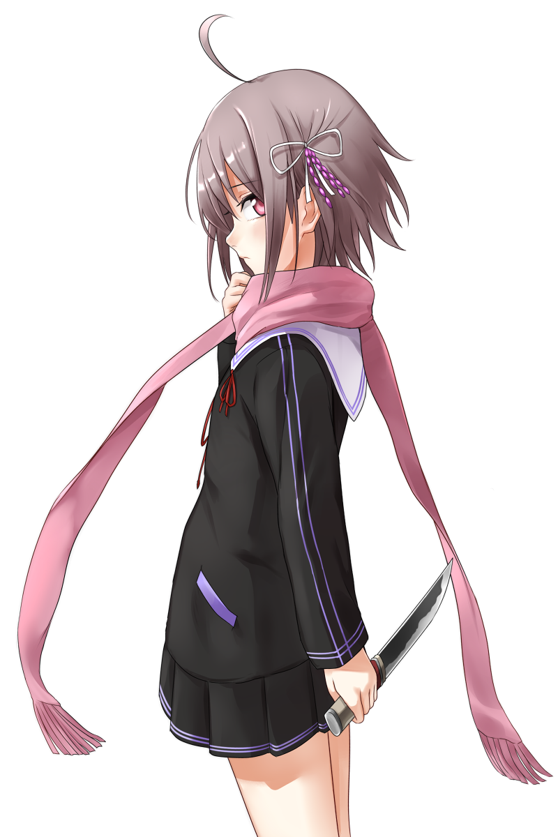 1girl, ahoge, arm_behind_back, closed_mouth, from_side, grey_hair, hair_ornament, hand_up