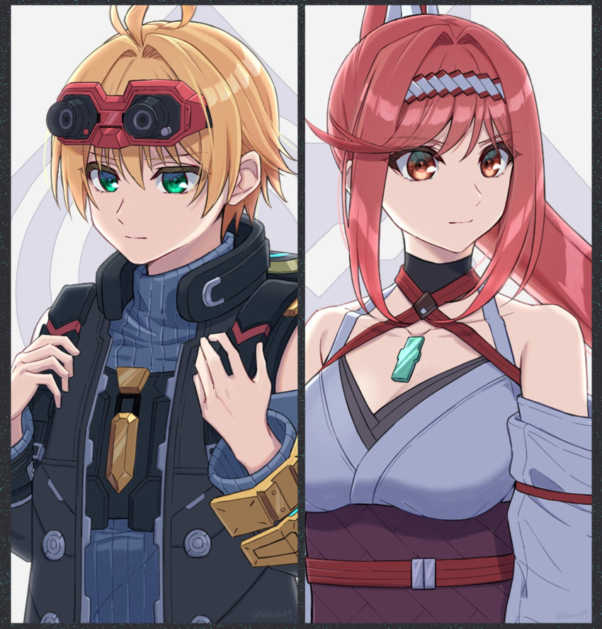 1girl, ahoge, bare_shoulders, blonde_hair, breasts, chest_jewel, core_crystal_(xenoblade), criss-cross_halter
