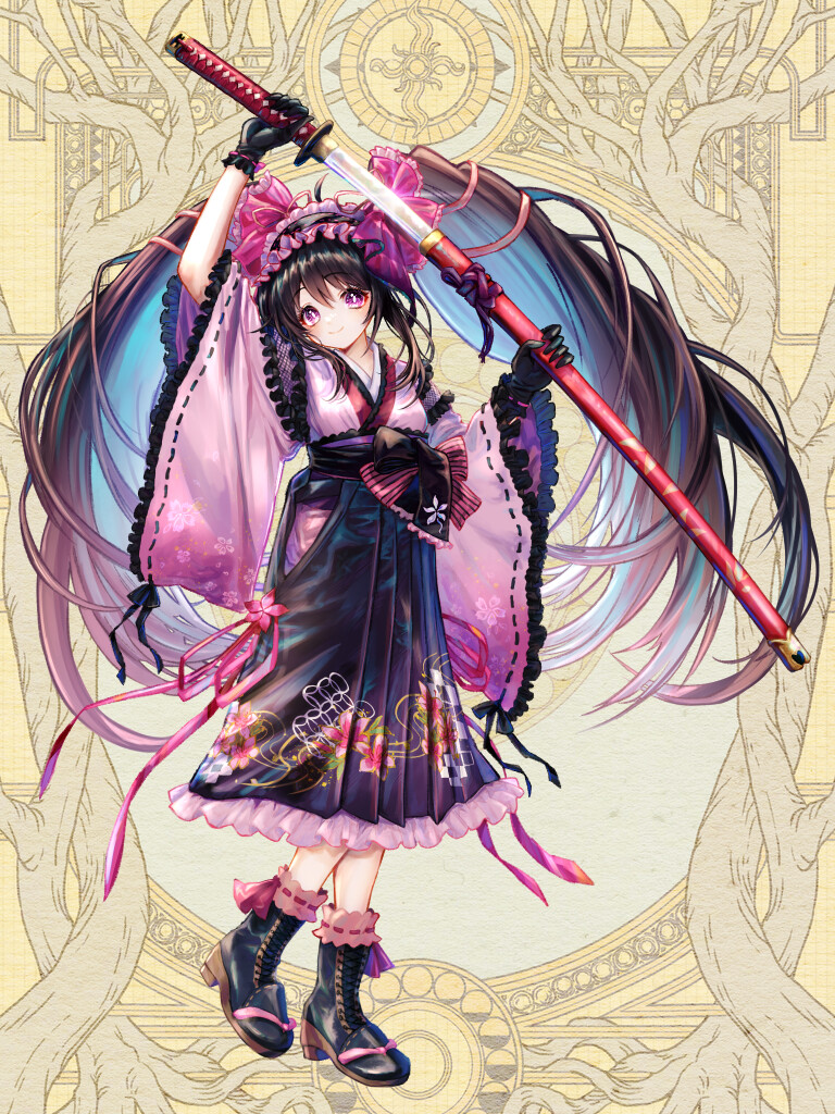 1girl, arm_up, black_footwear, black_gloves, black_hair, black_skirt, dairoku_ryouhei, full_body