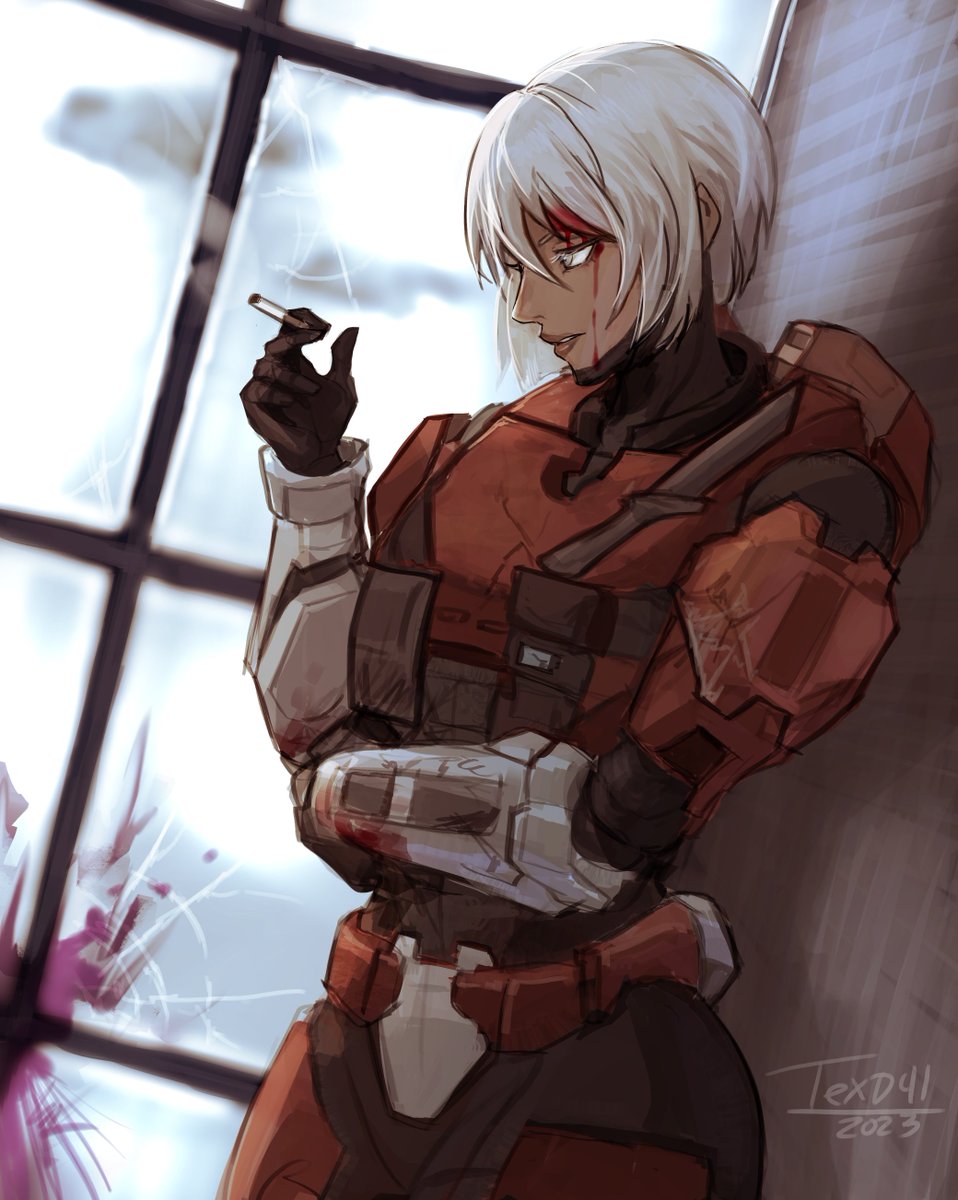 1girl, 2023, artist_name, blood, blood_on_face, blood_splatter, bob_cut, cigarette, cowboy_shot, dark-skinned_female, dark_skin, halo_(series), halo_infinite, highres, holding, holding_cigarette, lips, original, pink_blood, short_hair, smile, smoking, solo, space_marine, spartan_(halo), texd41, white_eyes, white_hair, window
