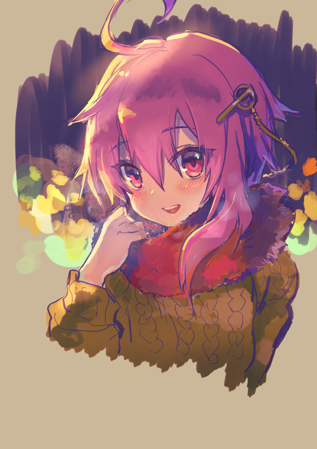 1girl, ahoge, blush, cable_knit, eyelashes, fudou_yukimitsu_(tenka_hyakken), fukube, hair_ornament, hand_up, highres, holding, holding_clothes, pink_eyes, pink_hair, red_scarf, scarf, short_hair_with_long_locks, sidelocks, smile, solo, sweater, teeth, tenka_hyakken, upper_body, upper_teeth_only, winter_clothes