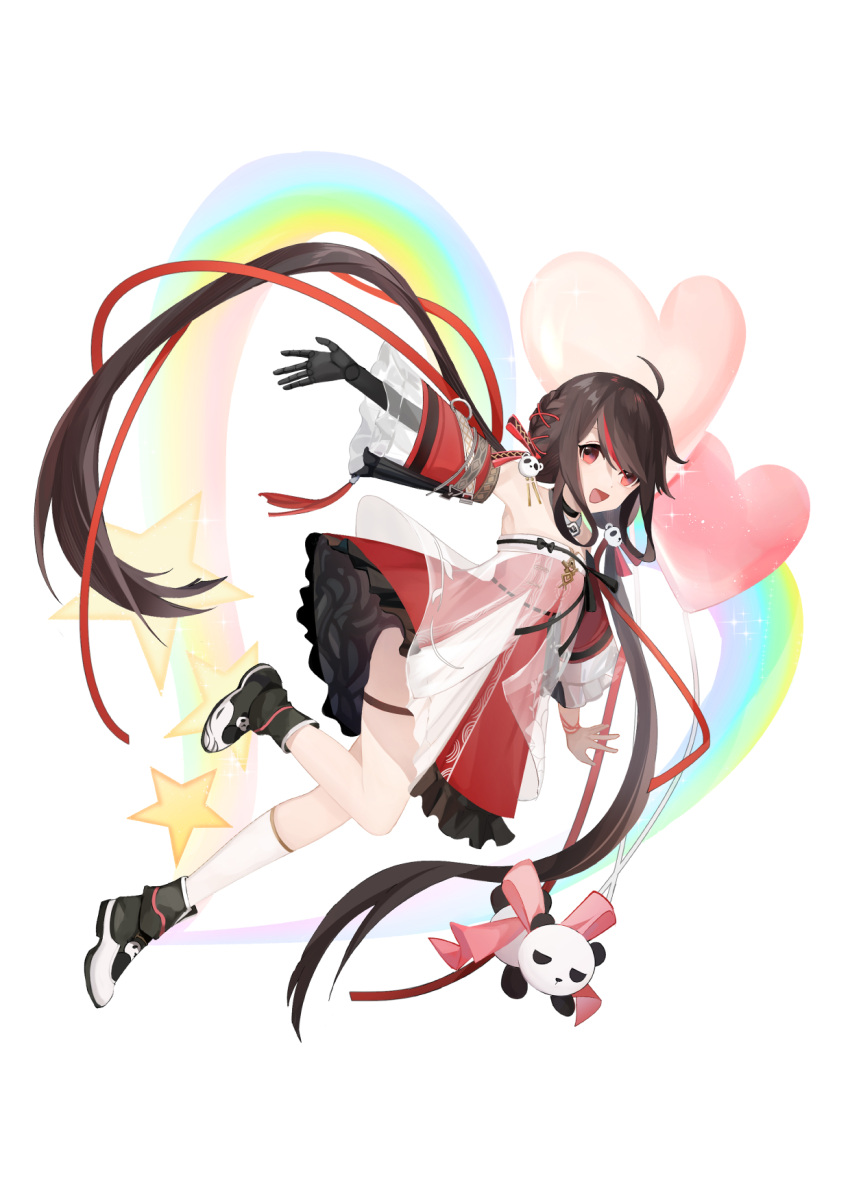 1girl, ahoge, black_hair, china_dress, chinese_clothes, detached_sleeves, dress, frilled_dress, frills, hair_ornament, heart, highres, long_hair, multicolored_hair, open_mouth, panda_hair_ornament, pulao_(punishing:_gray_raven), punishing:_gray_raven, rainbow, red_dress, red_eyes, redhead, slixin, star_(symbol), streaked_hair, stuffed_animal, stuffed_panda, stuffed_toy, twintails, very_long_hair